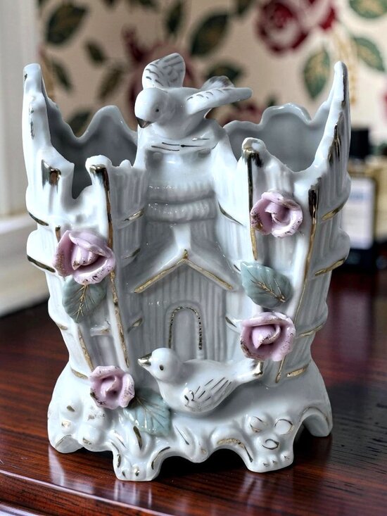 Empress - Japan Other - Vintage Bone China Birdhouse Small 2 Hole Vase With Birds & Pink Rose Accents -